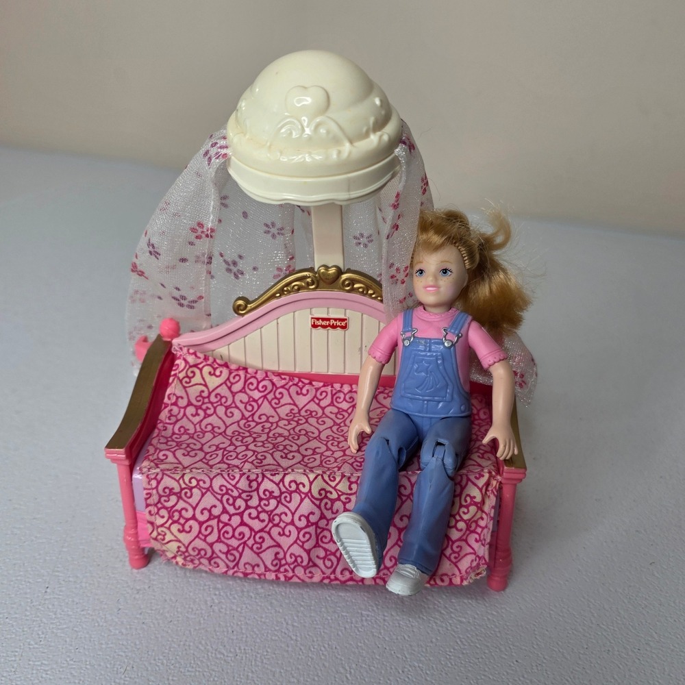 Vintage Fisher-Price Loving Family Dollhouse Canopy Bed and Girl Figure Set - Picture 1 of 5